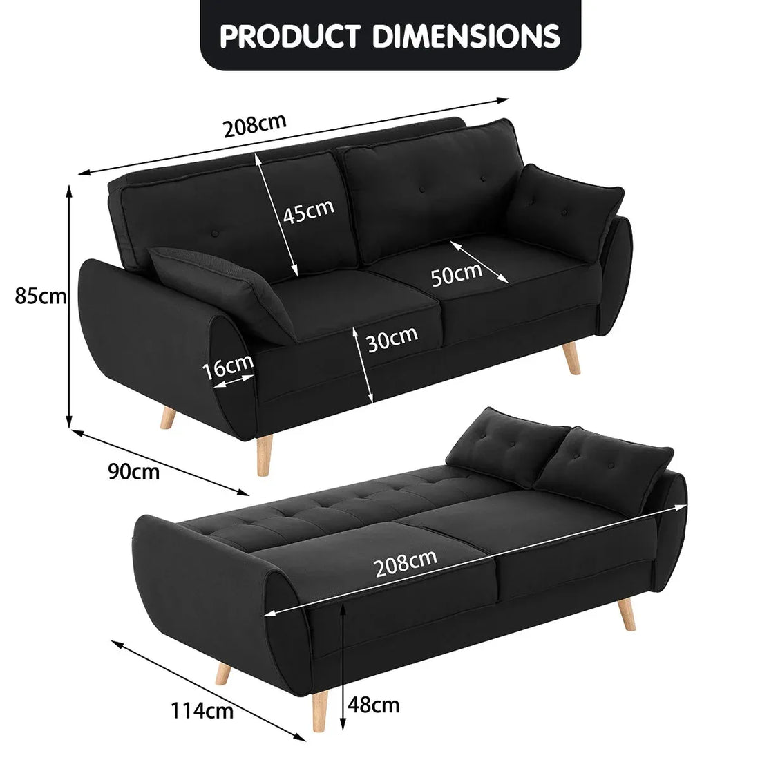 Sarantino 3 Seater Modular Linen Fabric Sofa Bed Couch Futon Suite - Black-Furniture > Sofas-PEROZ Accessories