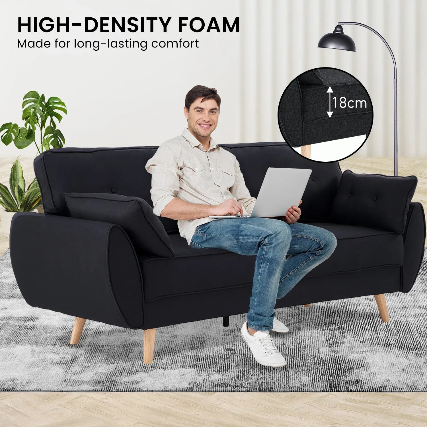 Sarantino 3 Seater Modular Linen Fabric Sofa Bed Couch Futon Suite - Black-Furniture > Sofas-PEROZ Accessories