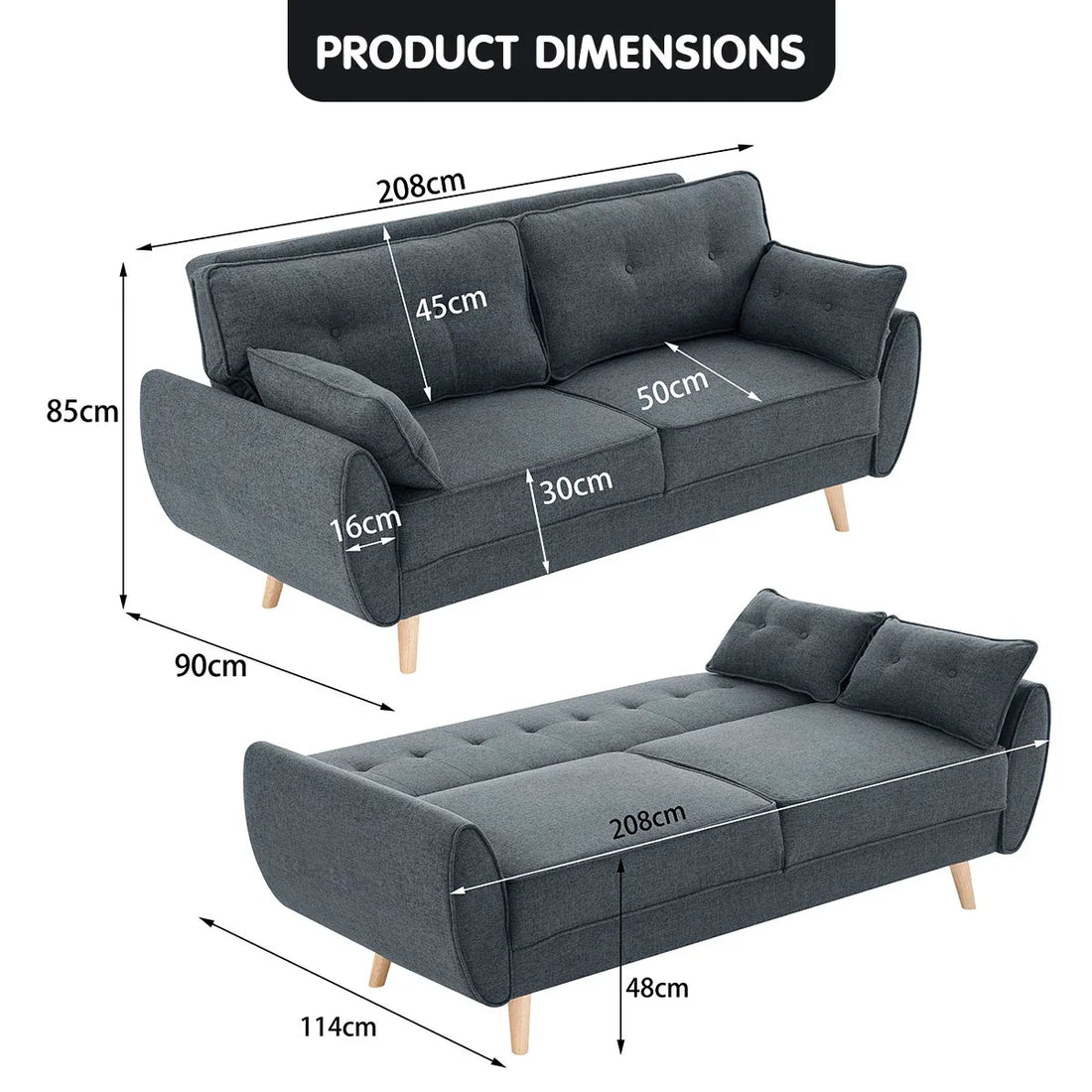 Sarantino 3 Seater Modular Linen Fabric Sofa Bed Couch Futon Suite - Dark Grey-Furniture > Sofas-PEROZ Accessories