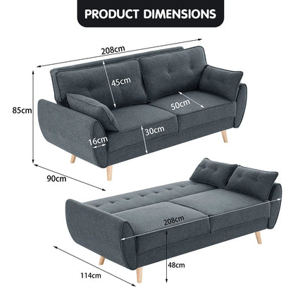 Sarantino 3 Seater Modular Linen Fabric Sofa Bed Couch Futon Suite - Dark Grey-Furniture > Sofas-PEROZ Accessories
