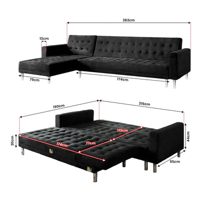 Sarantino Faux Velveteen Corner Wooden Sofa Bed Couch with Chaise Black-Furniture &gt; Sofas-PEROZ Accessories