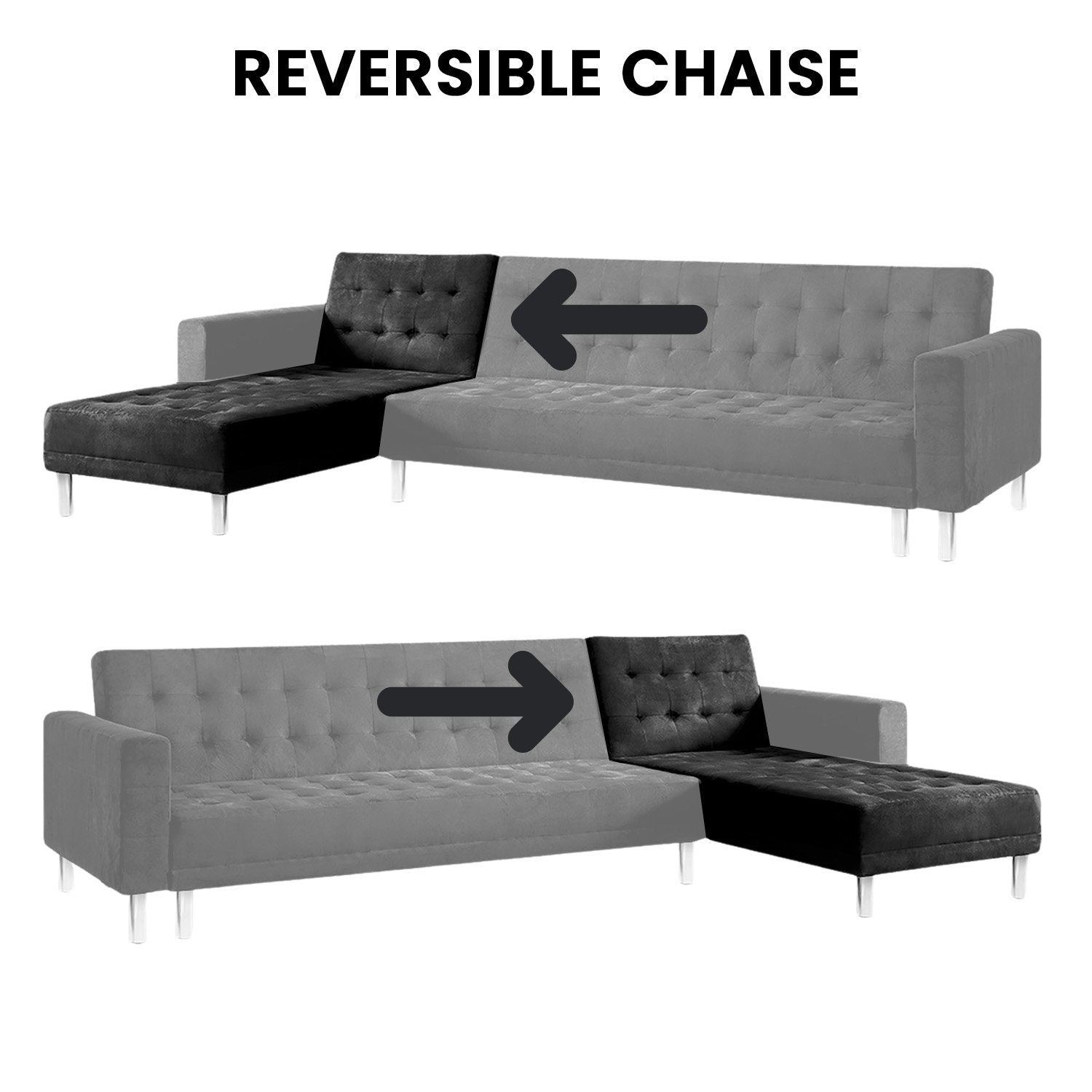Sarantino Faux Velveteen Corner Wooden Sofa Bed Couch with Chaise Black-Furniture &gt; Sofas-PEROZ Accessories