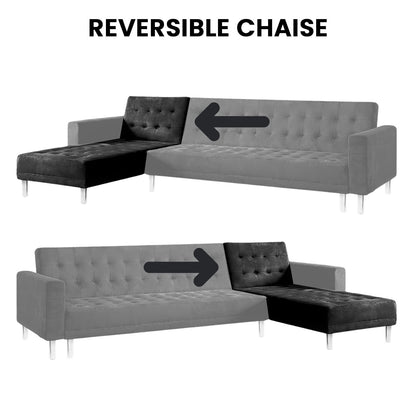 Sarantino Faux Velveteen Corner Wooden Sofa Bed Couch with Chaise Black-Furniture &gt; Sofas-PEROZ Accessories