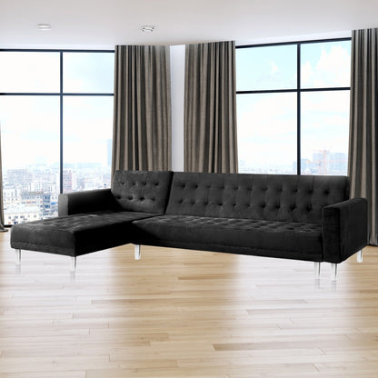 Sarantino Faux Velveteen Corner Wooden Sofa Bed Couch with Chaise Black-Furniture &gt; Sofas-PEROZ Accessories