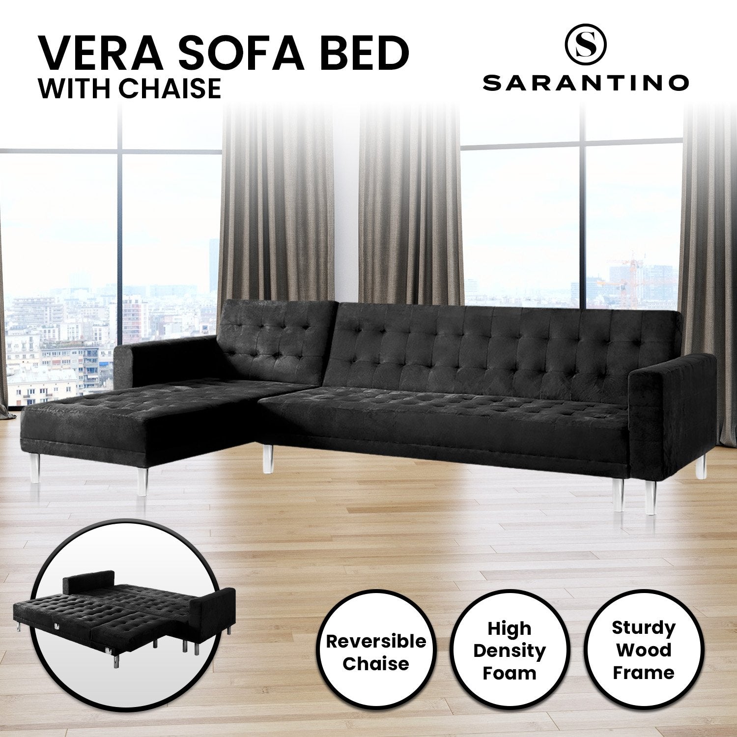 Sarantino Faux Velveteen Corner Wooden Sofa Bed Couch with Chaise Black-Furniture &gt; Sofas-PEROZ Accessories