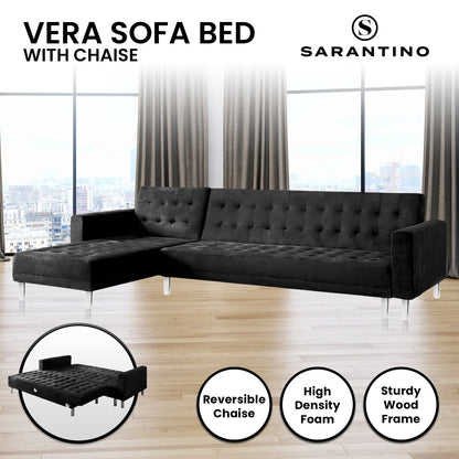Sarantino Faux Velveteen Corner Wooden Sofa Bed Couch with Chaise Black-Furniture &gt; Sofas-PEROZ Accessories