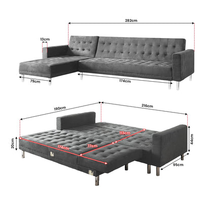 Sarantino Faux Velvet Corner Wooden Sofa Bed Couch with Chaise - Grey-Furniture &gt; Sofas-PEROZ Accessories