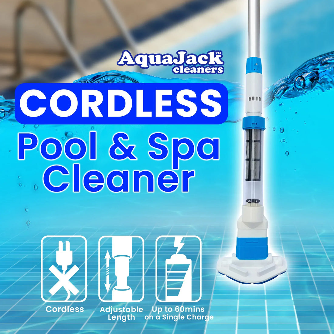 Aquajack Cordless Rechargeable Spa and Pool Vacuum Cleaner with Telescopic Pole &amp; 2 Heads - 60 Min Runtime-Pool Cleaners-PEROZ Accessories