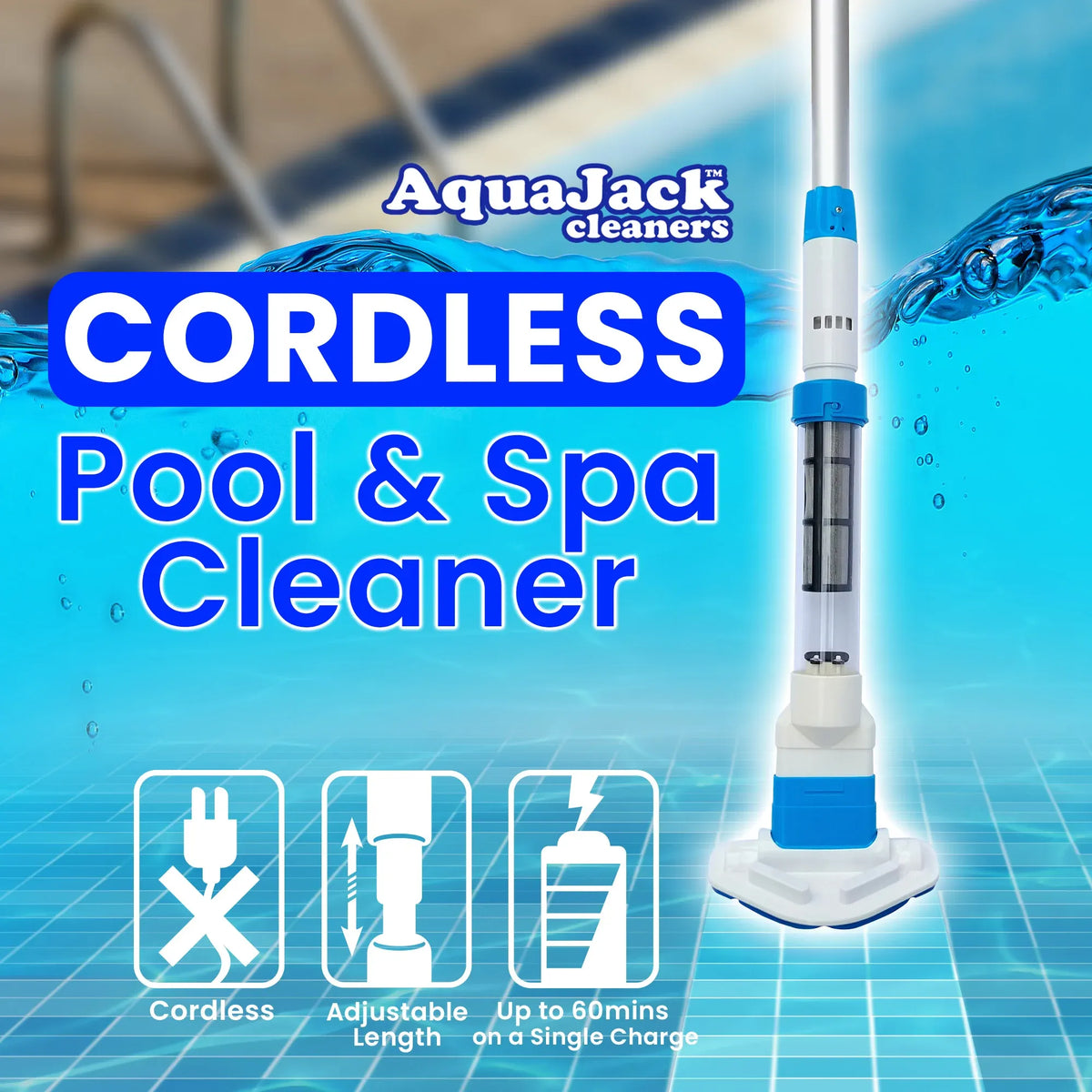 Aquajack Cordless Rechargeable Spa and Pool Vacuum Cleaner with Telescopic Pole &amp; 2 Heads - 60 Min Runtime-Pool Cleaners-PEROZ Accessories