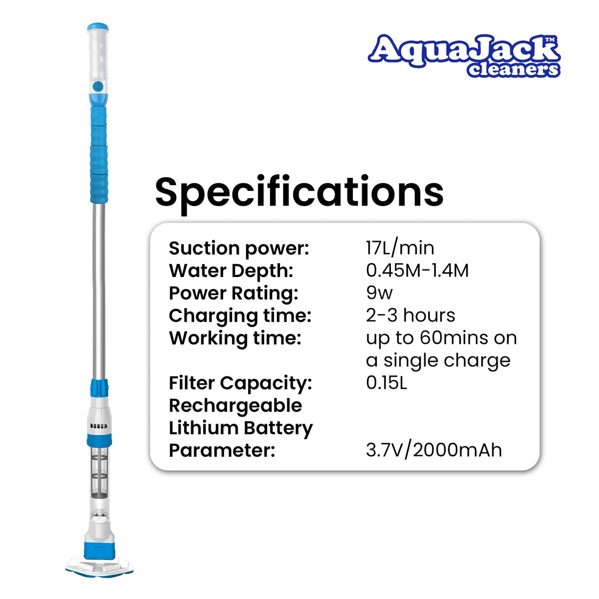 Aquajack Cordless Rechargeable Spa and Pool Vacuum Cleaner with Telescopic Pole &amp; 2 Heads - 60 Min Runtime-Pool Cleaners-PEROZ Accessories