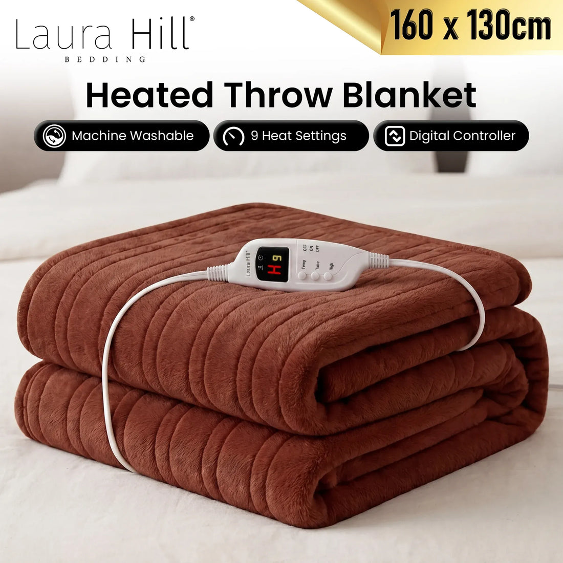 Laura Hill Electric Heated Blanket Throw Soft Coral Fleece w/ 9 Heat Settings - Brown-Home &amp; Garden > Bedding-PEROZ Accessories