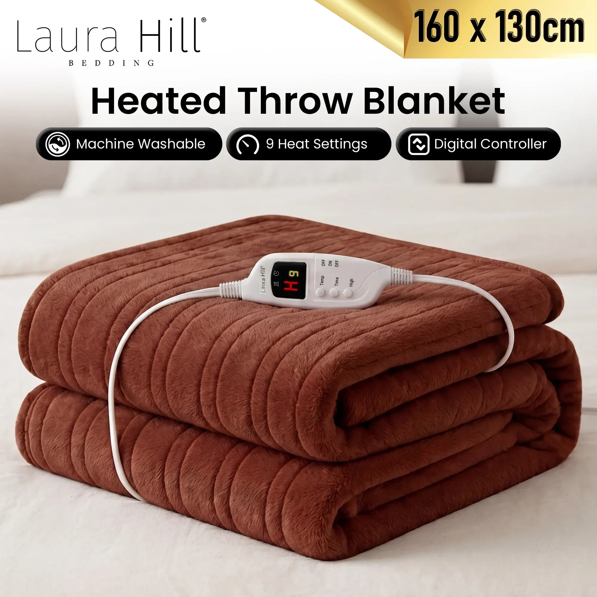 Laura Hill Electric Heated Blanket Throw Soft Coral Fleece w/ 9 Heat Settings - Brown-Home &amp; Garden > Bedding-PEROZ Accessories