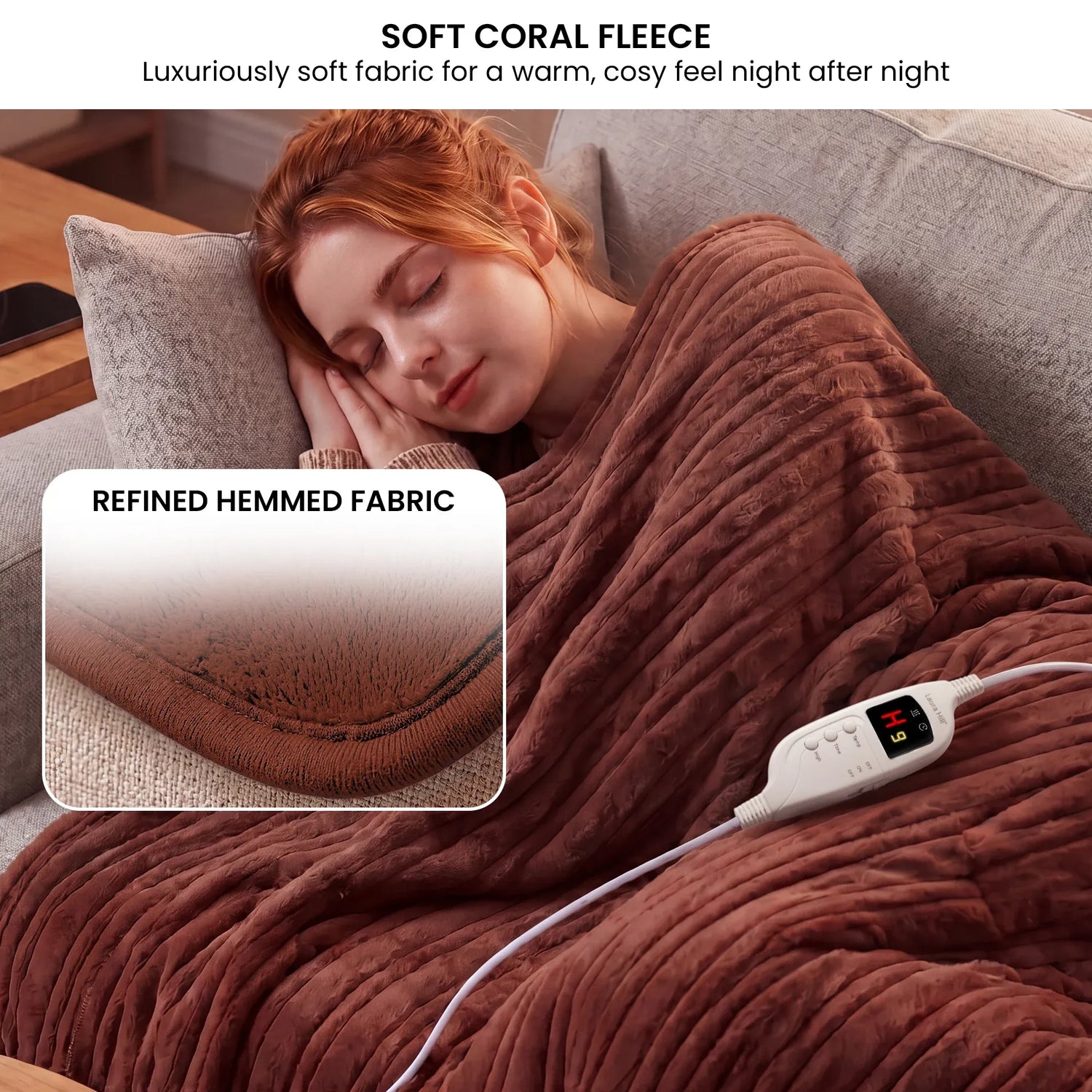 Laura Hill Electric Heated Blanket Throw Soft Coral Fleece w/ 9 Heat Settings - Brown-Home &amp; Garden > Bedding-PEROZ Accessories