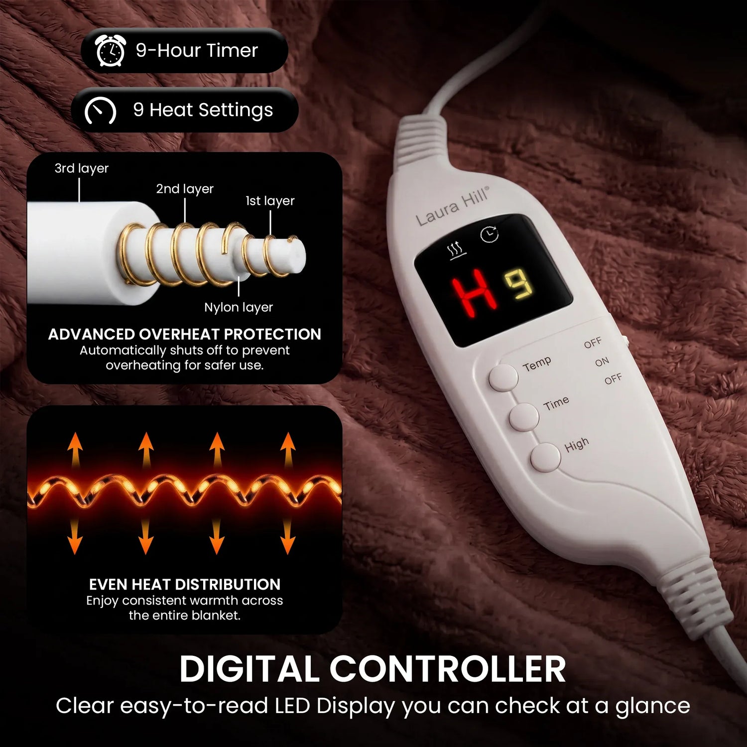 Laura Hill Electric Heated Blanket Throw Soft Coral Fleece w/ 9 Heat Settings - Brown-Home &amp; Garden > Bedding-PEROZ Accessories