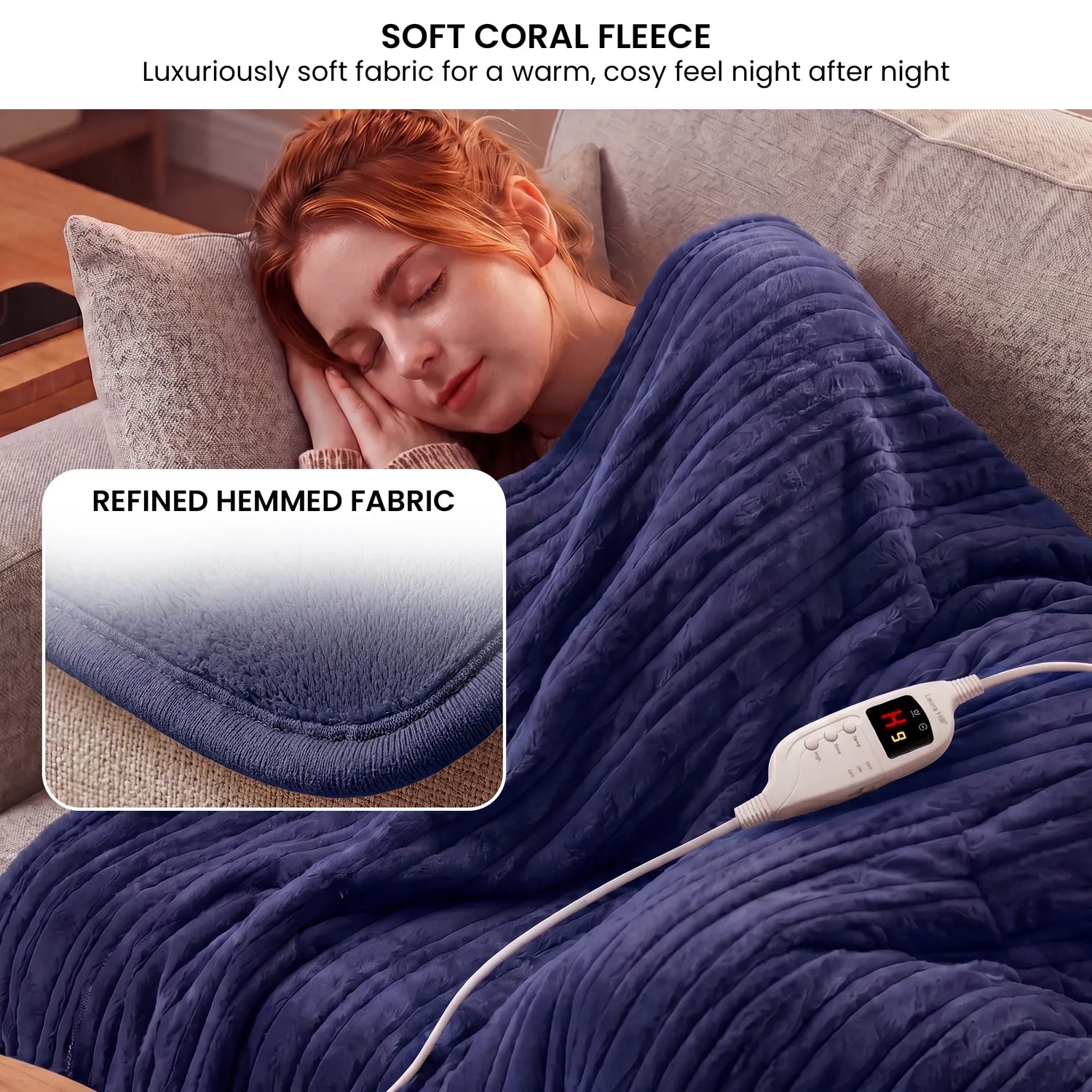 Laura Hill Electric Heated Blanket Throw Soft Coral Fleece w/ 9 Heat Settings - Blue-Home &amp; Garden > Bedding-PEROZ Accessories
