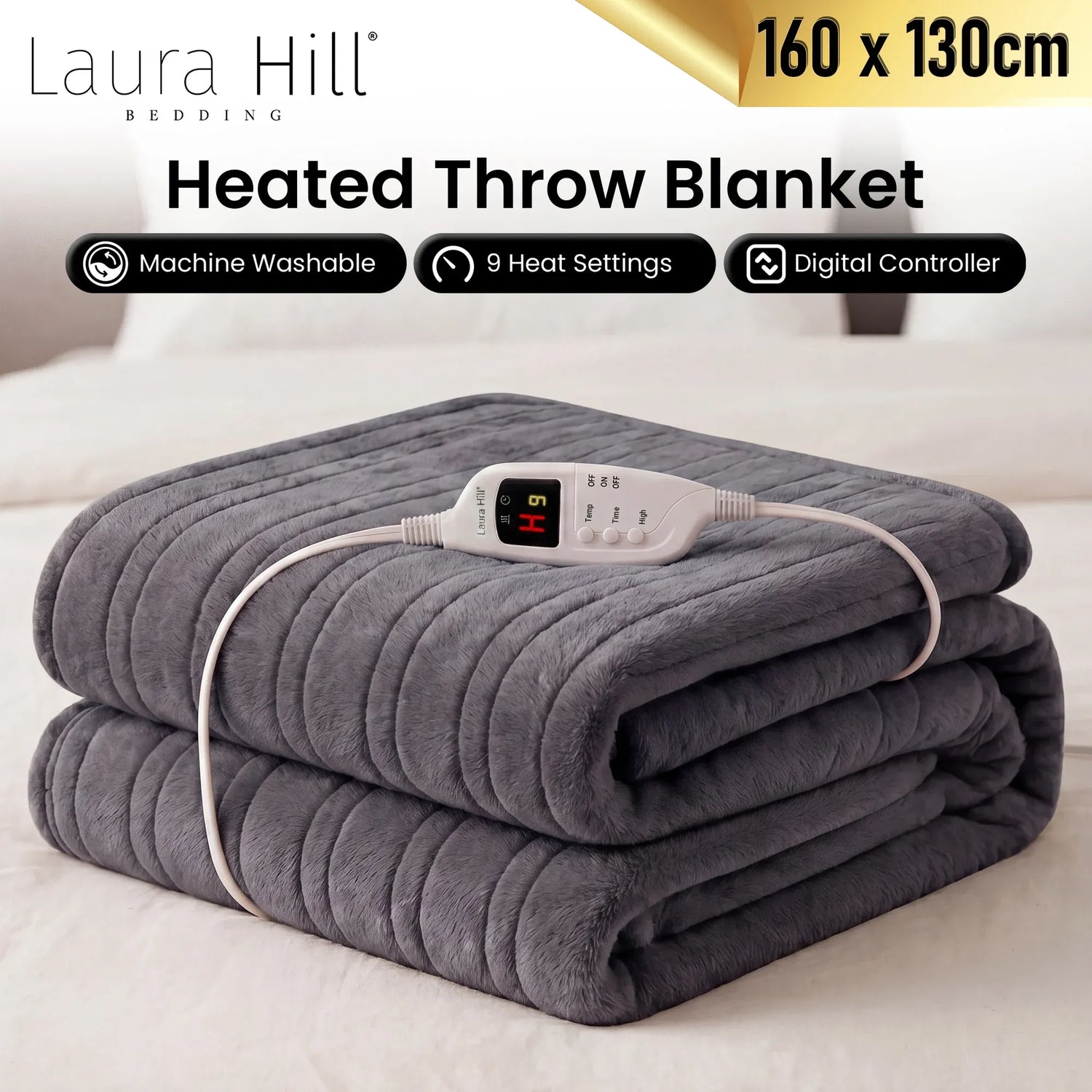 Laura Hill Electric Heated Blanket Throw Soft Coral Fleece w/ 9 Heat Settings - Grey-Home &amp; Garden > Bedding-PEROZ Accessories