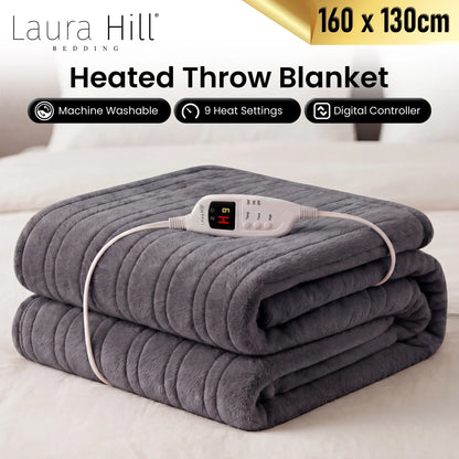 Laura Hill Electric Heated Blanket Throw Soft Coral Fleece w/ 9 Heat Settings - Grey-Home &amp; Garden > Bedding-PEROZ Accessories