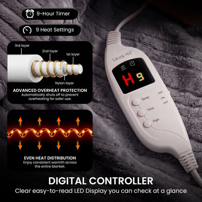 Laura Hill Electric Heated Blanket Throw Soft Coral Fleece w/ 9 Heat Settings - Grey-Home &amp; Garden > Bedding-PEROZ Accessories