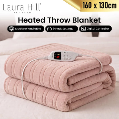 Laura Hill Electric Heated Blanket Throw Soft Coral Fleece w/ 9 Heat Settings - Pink-Home &amp; Garden > Bedding-PEROZ Accessories