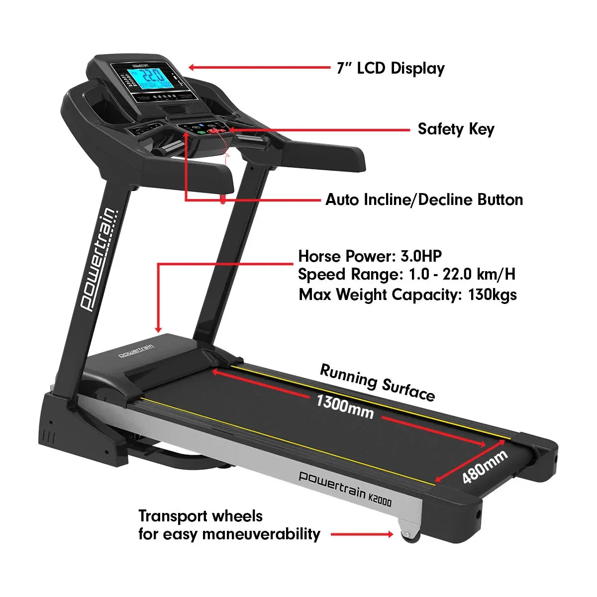 Powertrain K2000 3.0HP Foldable Electric Treadmill 22kph Auto Incline Running Machine for Home Gym Cardio Workout-Walking Pad-PEROZ Accessories