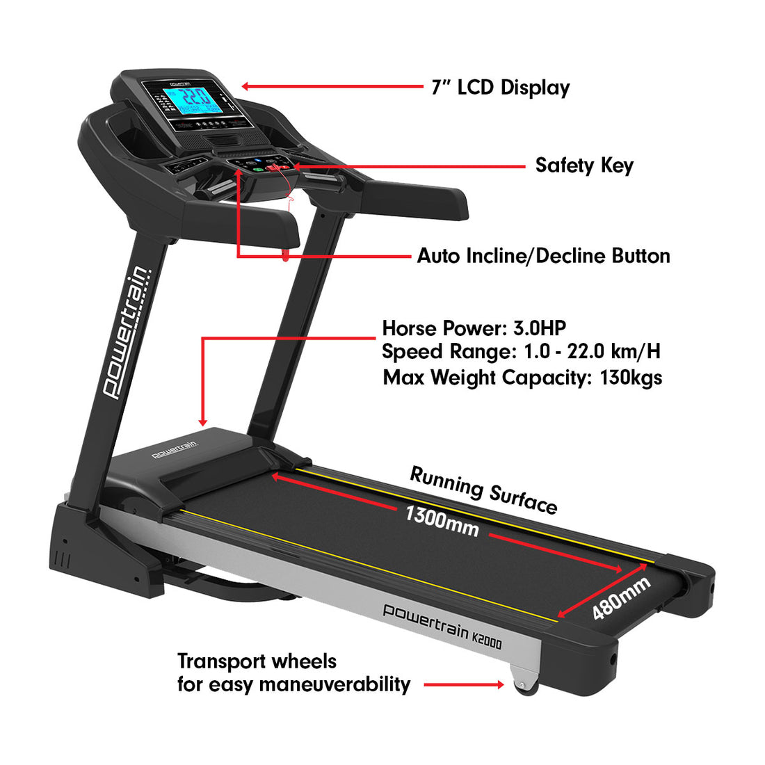 Powertrain K2000 Treadmill w/ Fan &amp; Auto Incline Speed 22km/h-Walking Pad-PEROZ Accessories