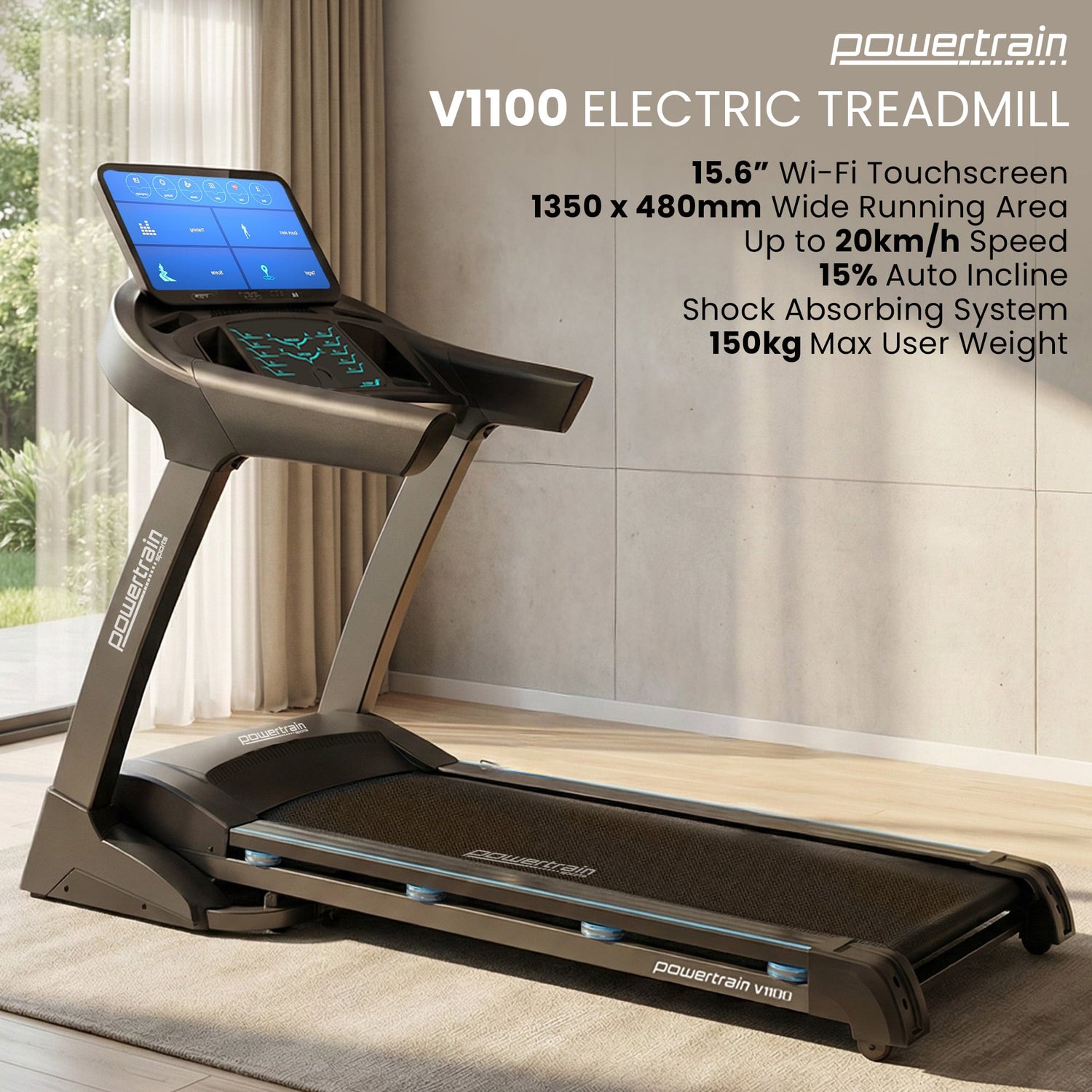 Powertrain V1100 Treadmill with Wifi Touch Screen &amp; Incline-Walking Pad-PEROZ Accessories