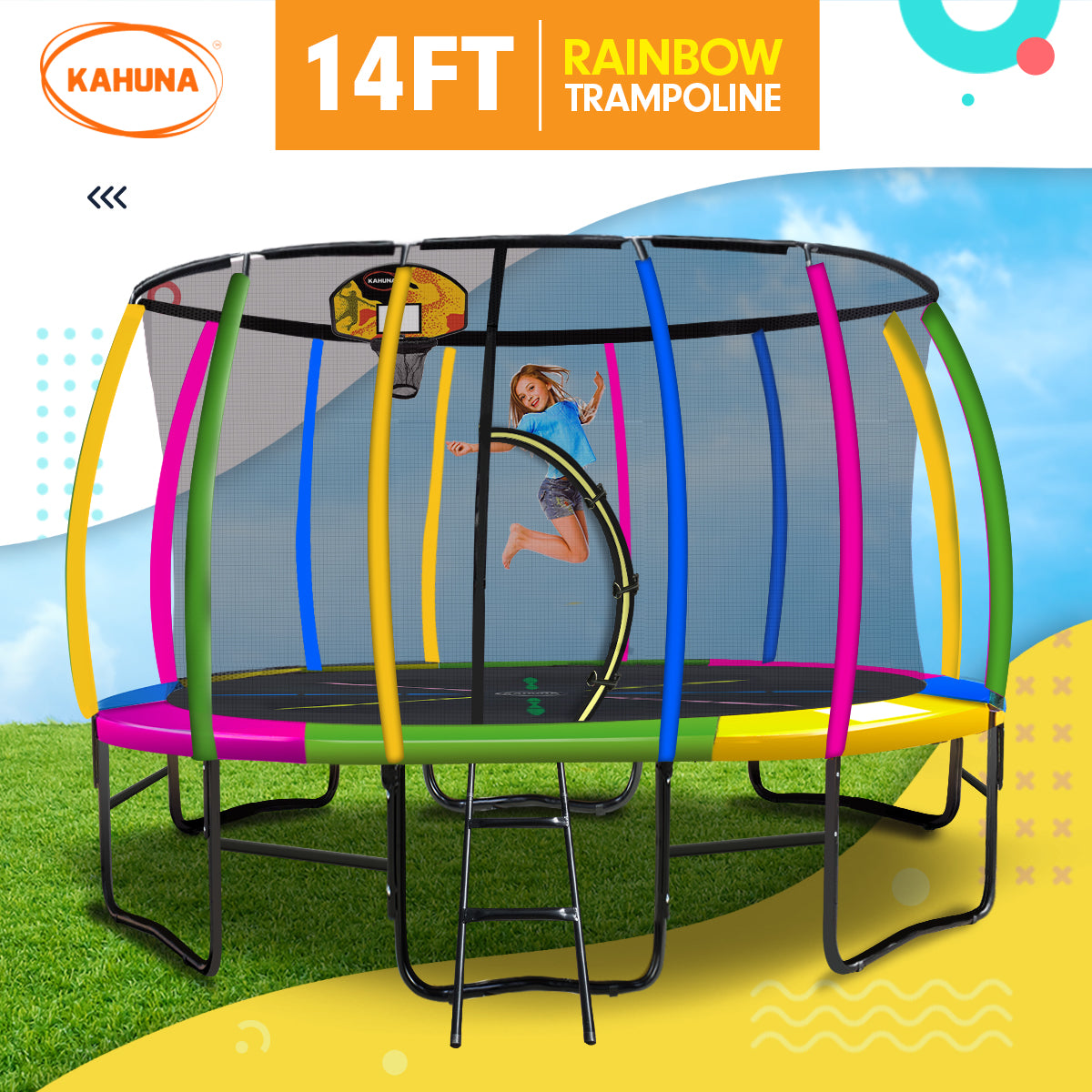 Kahuna 14ft Outdoor Trampoline Kids Children With Safety Enclosure Pad Mat Ladder Basketball Hoop Set - Rainbow-Sports &amp; Fitness &gt; Trampolines &gt; Trampolines &amp; Accessories-PEROZ Accessories