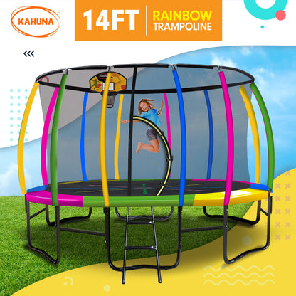 Kahuna 14ft Outdoor Trampoline Kids Children With Safety Enclosure Pad Mat Ladder Basketball Hoop Set - Rainbow-Sports &amp; Fitness &gt; Trampolines &gt; Trampolines &amp; Accessories-PEROZ Accessories