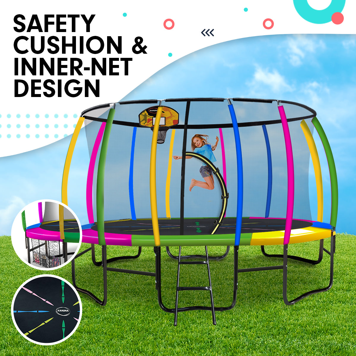 Kahuna 14ft Outdoor Trampoline Kids Children With Safety Enclosure Pad Mat Ladder Basketball Hoop Set - Rainbow-Sports &amp; Fitness &gt; Trampolines &gt; Trampolines &amp; Accessories-PEROZ Accessories