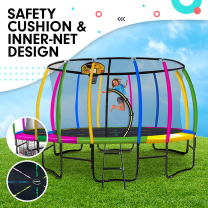 Kahuna 14ft Outdoor Trampoline Kids Children With Safety Enclosure Pad Mat Ladder Basketball Hoop Set - Rainbow-Sports &amp; Fitness &gt; Trampolines &gt; Trampolines &amp; Accessories-PEROZ Accessories