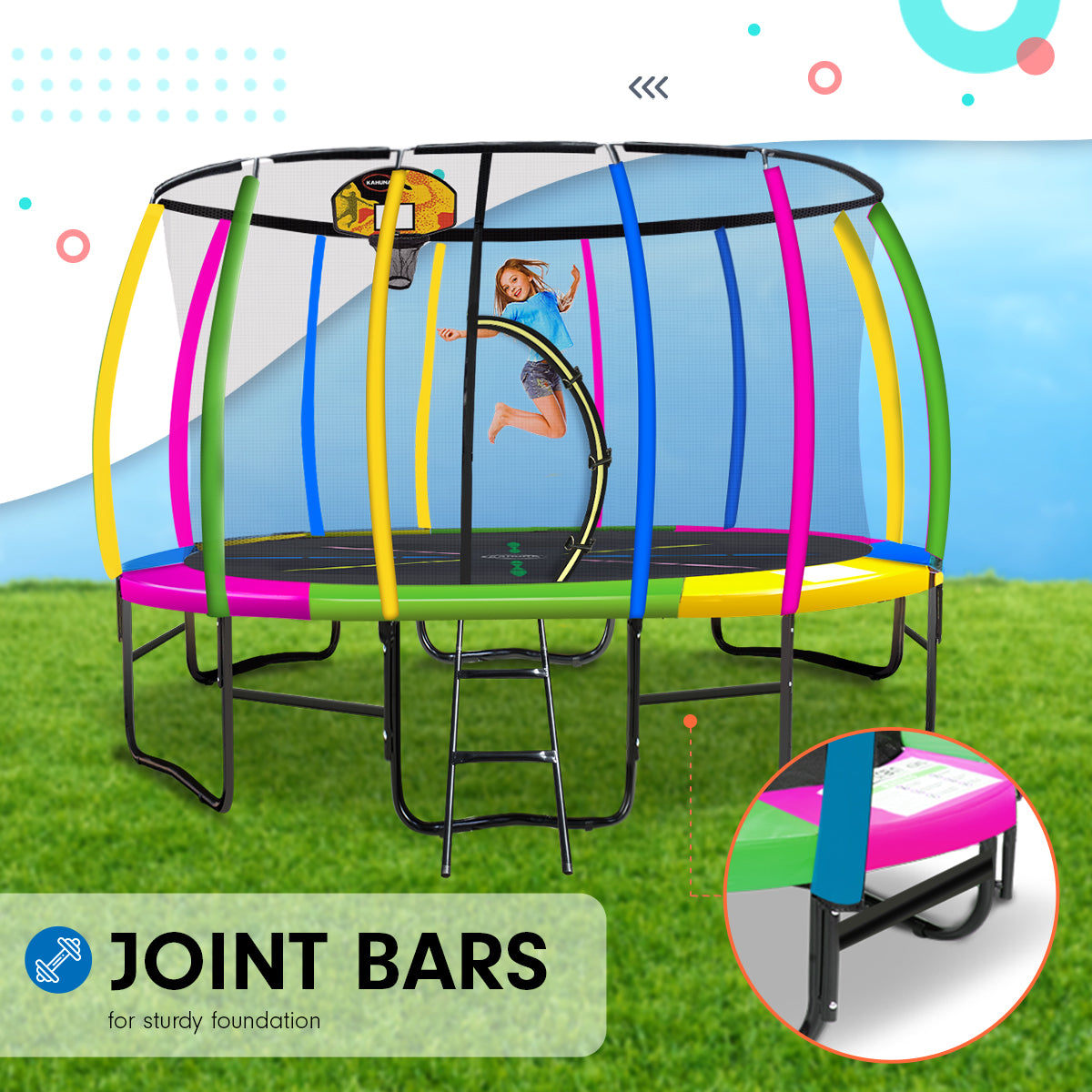 Kahuna 14ft Outdoor Trampoline Kids Children With Safety Enclosure Pad Mat Ladder Basketball Hoop Set - Rainbow-Sports &amp; Fitness &gt; Trampolines &gt; Trampolines &amp; Accessories-PEROZ Accessories