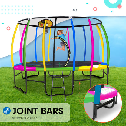 Kahuna 14ft Outdoor Trampoline Kids Children With Safety Enclosure Pad Mat Ladder Basketball Hoop Set - Rainbow-Sports &amp; Fitness &gt; Trampolines &gt; Trampolines &amp; Accessories-PEROZ Accessories