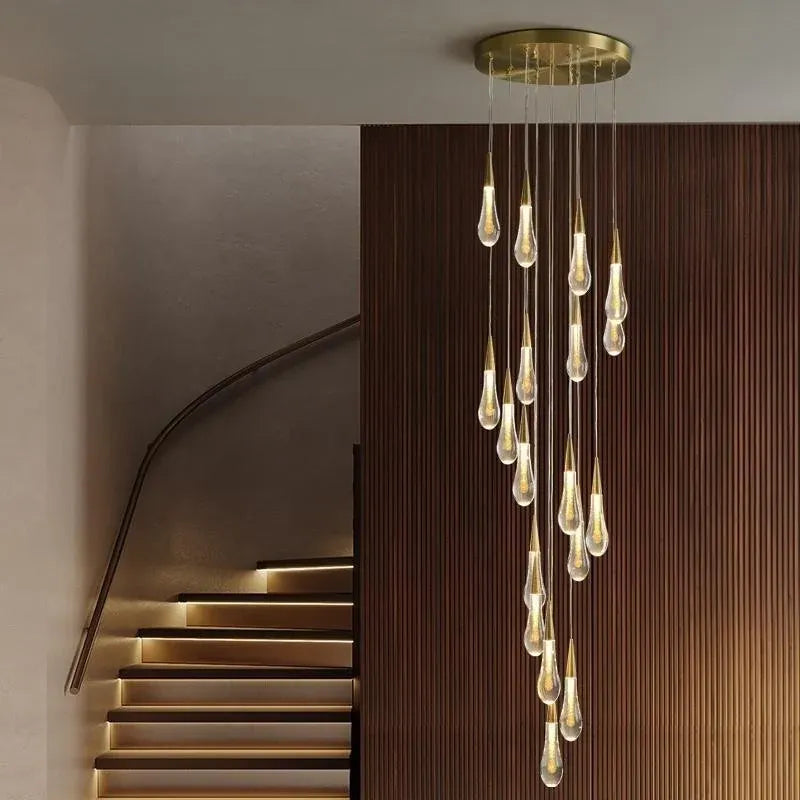 BAMDECOR LT12 18-Heads Solid Crystal Rain drop Chandelier High Ceiling Foyers Entrance Chandeliers Staircase Long Pendant Light (Gold)