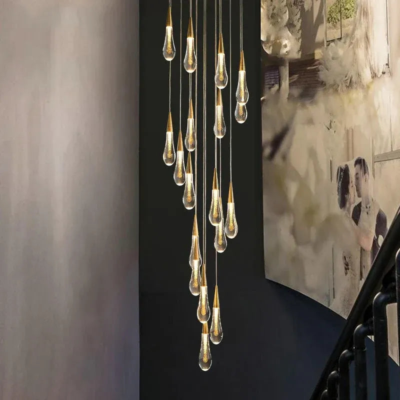 BAMDECOR LT12 18-Heads Solid Crystal Rain drop Chandelier High Ceiling Foyers Entrance Chandeliers Staircase Long Pendant Light (Gold)
