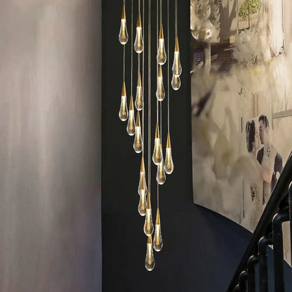 BAMDECOR LT12 18-Heads Solid Crystal Rain drop Chandelier High Ceiling Foyers Entrance Chandeliers Staircase Long Pendant Light (Gold)