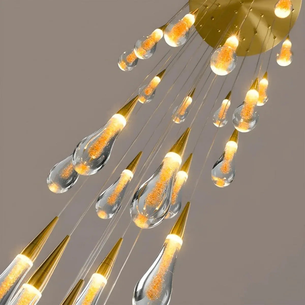 BAMDECOR LT12 18-Heads Solid Crystal Rain drop Chandelier High Ceiling Foyers Entrance Chandeliers Staircase Long Pendant Light (Gold)