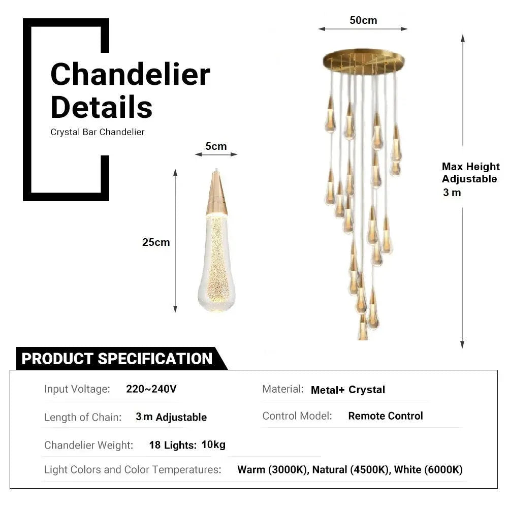 BAMDECOR LT12 18-Heads Solid Crystal Rain drop Chandelier High Ceiling Foyers Entrance Chandeliers Staircase Long Pendant Light (Gold)