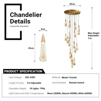 BAMDECOR LT12 18-Heads Solid Crystal Rain drop Chandelier High Ceiling Foyers Entrance Chandeliers Staircase Long Pendant Light (Gold)