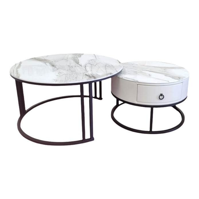 Snowy Mountain Faux Modern Marble Slate Nesting Coffee Table Set Leather Wrapped Wood Drawers-Furniture &gt; Living Room &gt; Coffee Tables-PEROZ Accessories