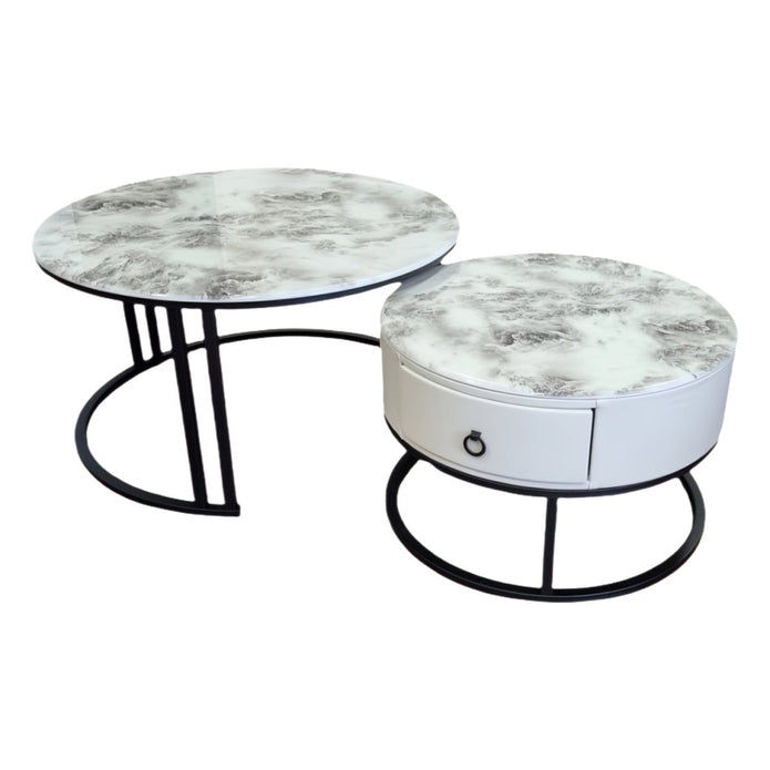 Snowy Mountain Faux Modern Marble Slate Nesting Coffee Table Set Leather Wrapped Wood Drawers-Furniture &gt; Living Room &gt; Coffee Tables-PEROZ Accessories