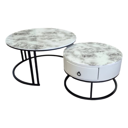 Snowy Mountain Faux Modern Marble Slate Nesting Coffee Table Set Leather Wrapped Wood Drawers-Furniture &gt; Living Room &gt; Coffee Tables-PEROZ Accessories