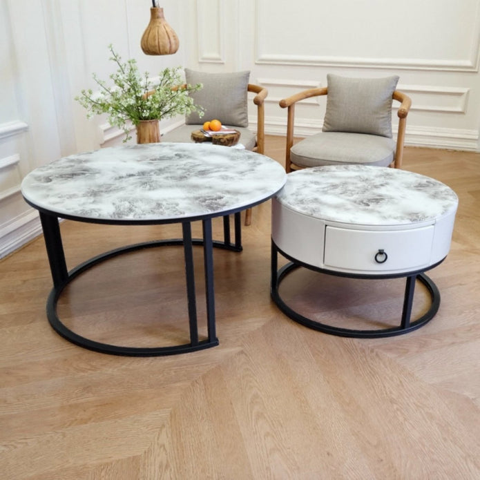 Snowy Mountain Faux Modern Marble Slate Nesting Coffee Table Set Leather Wrapped Wood Drawers-Furniture &gt; Living Room &gt; Coffee Tables-PEROZ Accessories