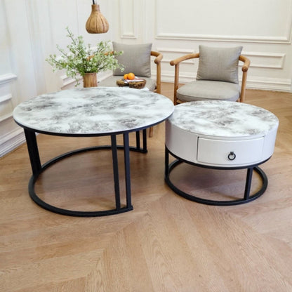 Snowy Mountain Faux Modern Marble Slate Nesting Coffee Table Set Leather Wrapped Wood Drawers-Furniture &gt; Living Room &gt; Coffee Tables-PEROZ Accessories