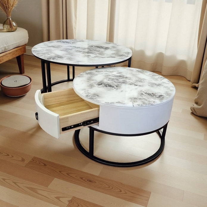 Snowy Mountain Faux Modern Marble Slate Nesting Coffee Table Set Leather Wrapped Wood Drawers-Furniture &gt; Living Room &gt; Coffee Tables-PEROZ Accessories