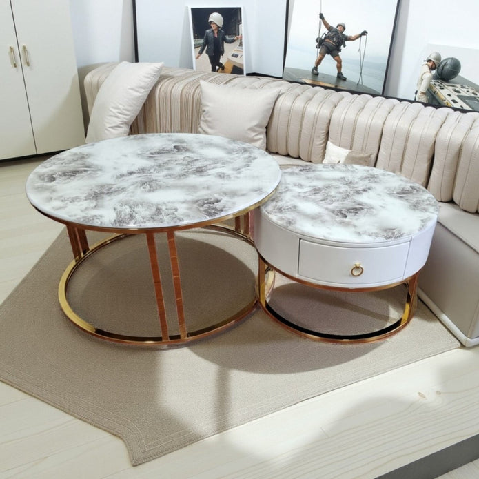Snowy Mountain Faux Modern Marble Slate Nesting Coffee Table Set Leather Wrapped Wood Drawers-Furniture &gt; Living Room &gt; Coffee Tables-PEROZ Accessories