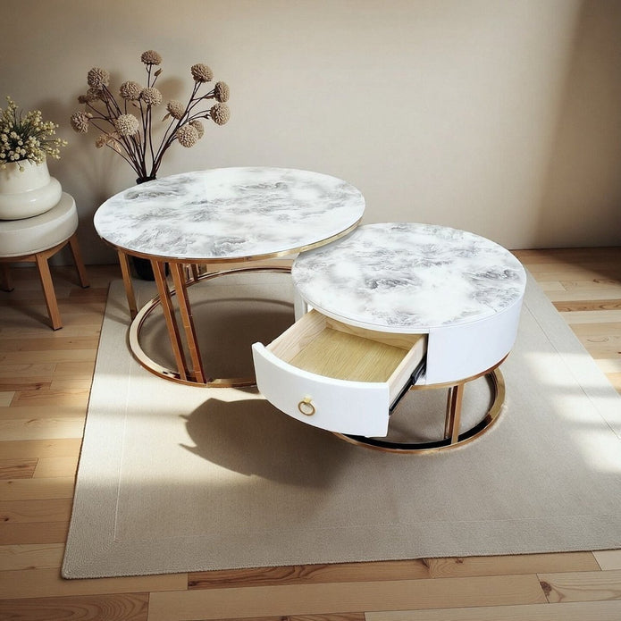 Snowy Mountain Faux Modern Marble Slate Nesting Coffee Table Set Leather Wrapped Wood Drawers-Furniture &gt; Living Room &gt; Coffee Tables-PEROZ Accessories