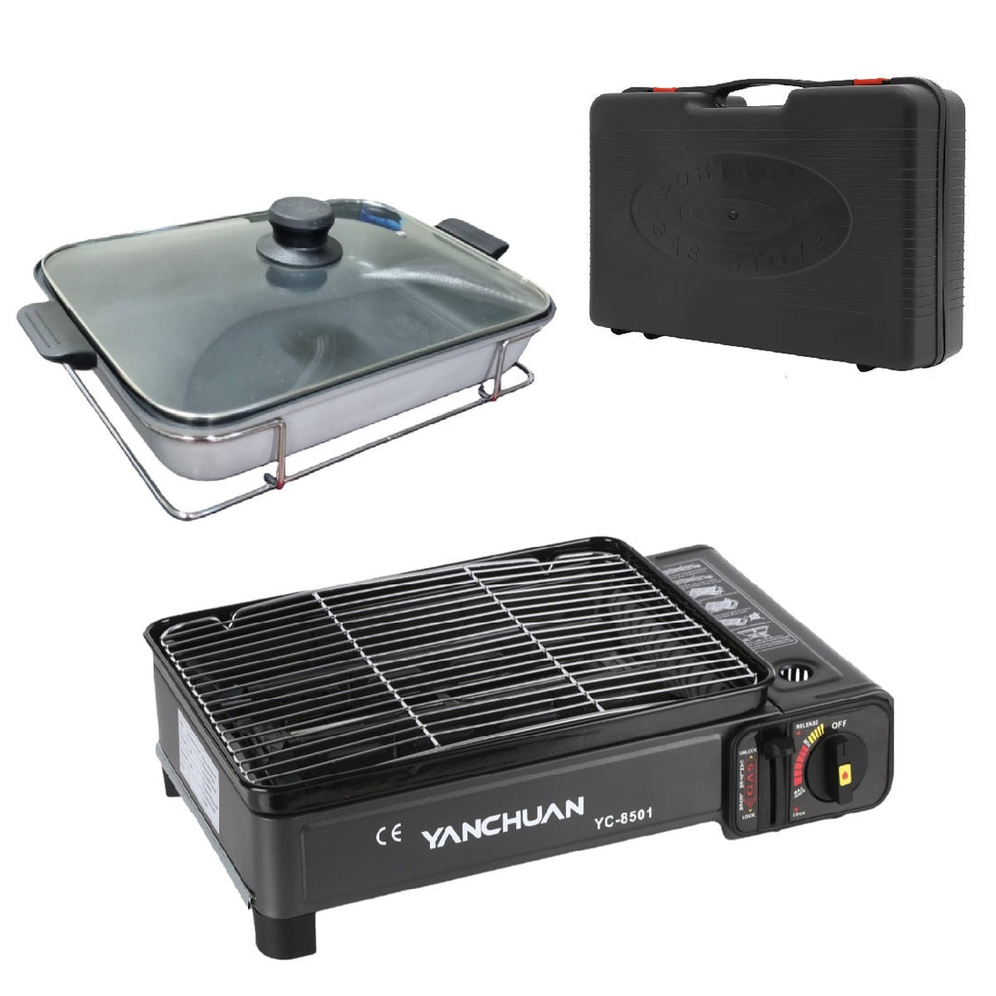 Portable Gas Stove Burner Butane BBQ Camping Gas Cooker With Non Stick Plate Black with Fish Pan and Lid-Home &amp; Garden > BBQ-PEROZ Accessories