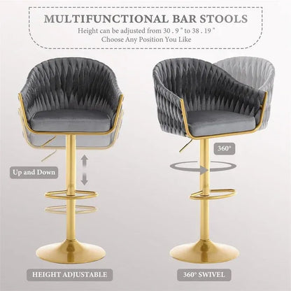 SERENITà GP1863 Modern Velvet Breakfast Bar Stools Swivel Barstools Adjustable Counter Stools with Backrest (Gold-Grey)-Furniture > Bar Stools &amp; Chairs > Table &amp; Bar Stools-PEROZ Accessories