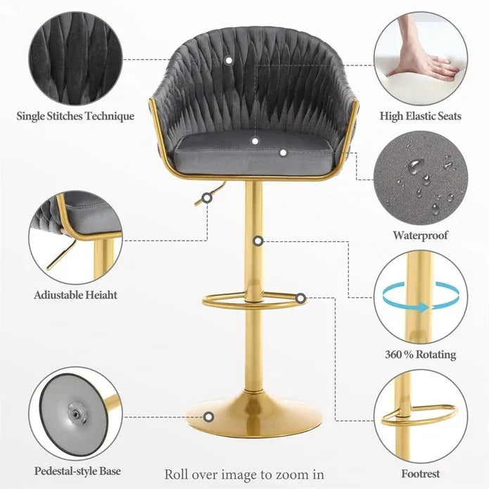 SERENITà GP1863 Modern Velvet Breakfast Bar Stools Swivel Barstools Adjustable Counter Stools with Backrest (Gold-Grey)-Furniture > Bar Stools &amp; Chairs > Table &amp; Bar Stools-PEROZ Accessories