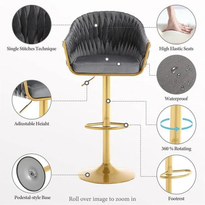 SERENITà GP1863 Modern Velvet Breakfast Bar Stools Swivel Barstools Adjustable Counter Stools with Backrest (Gold-Grey)-Furniture > Bar Stools &amp; Chairs > Table &amp; Bar Stools-PEROZ Accessories